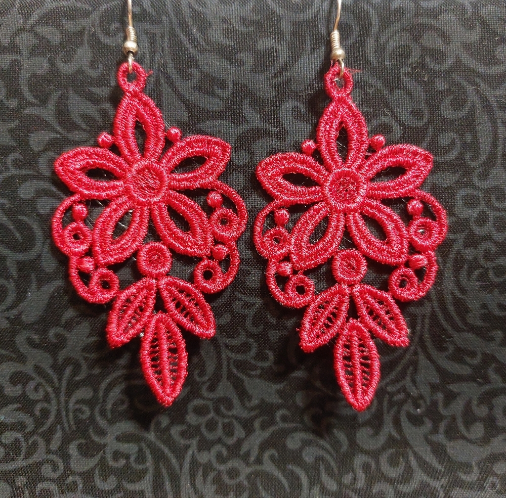 Handmade Red Lace Floral Dangle Earrings Boho Statement Lightweight